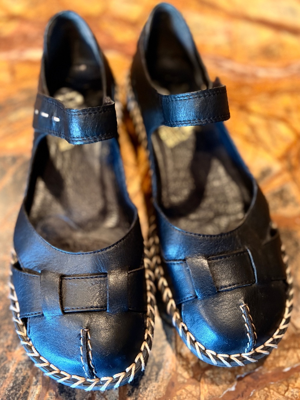 Rieker Black Mary Jane Leather Walking Sandals with Braided Sole Trim